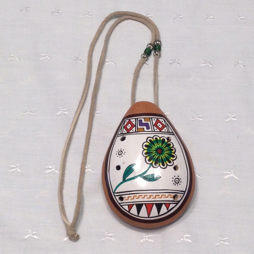 Terra Cotta Hand Painted Blow Flute with Leather Cord and Beads​
